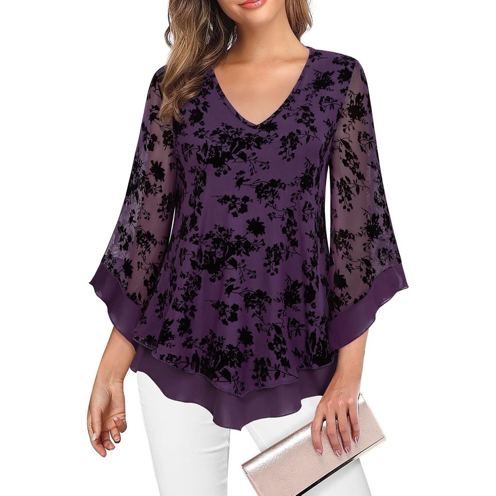 Witchy Whimsygoth Dark Fairy Purple Floral Velvet Burnout Bell Sleeve Top XL